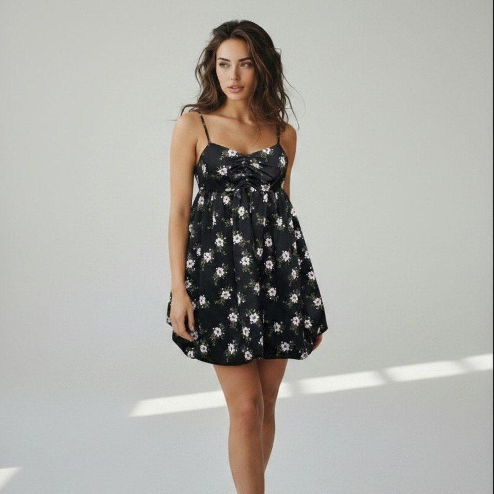 Free People Floral Babydoll Mini Dress Black Purple Bubble Hem XS OB1725278
